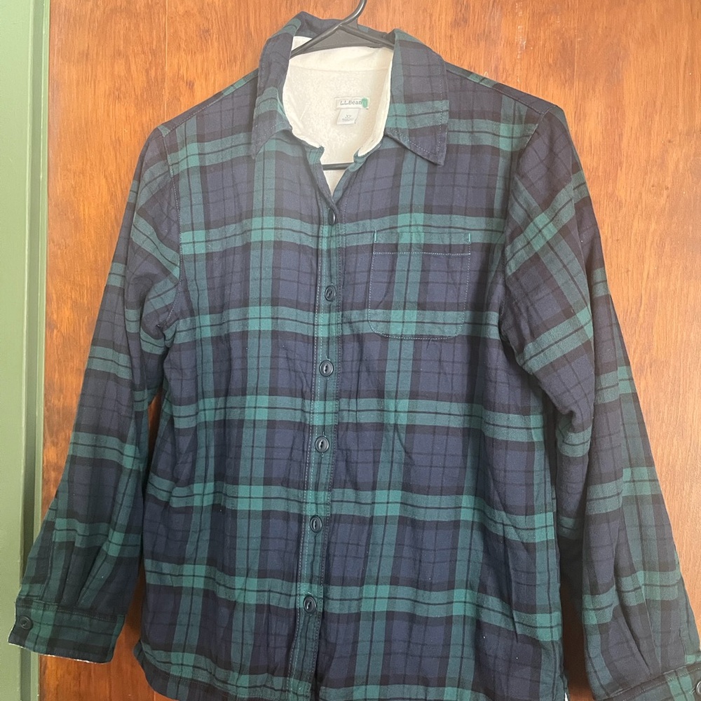 L.L. Bean ladies Blue and Green Checkered  button-down, fleece-lined shirt